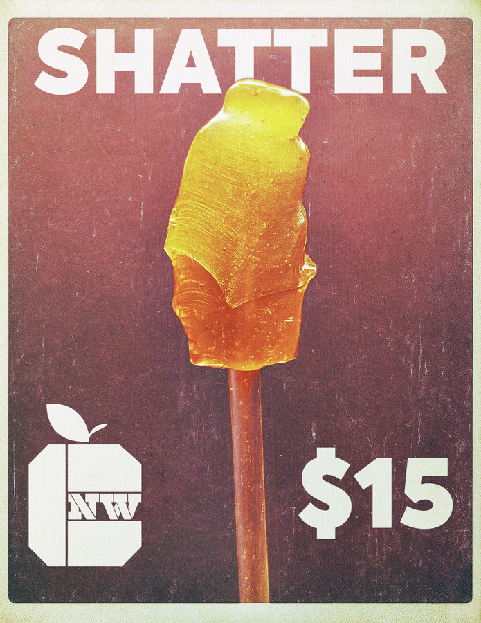 CNW shatter: a translucent amber shard held up on a stick against a worn mauve card, SHATTER across the top, the CNW apple mark and $15 at the foot.
