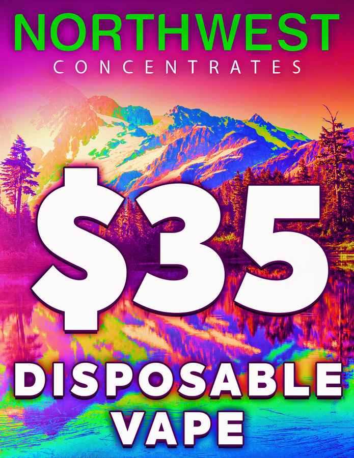Northwest Concentrates disposable vape: a saturated purple and pink mountain lake at dusk, NORTHWEST in green neon above, $35 and DISPOSABLE VAPE in heavy white type.