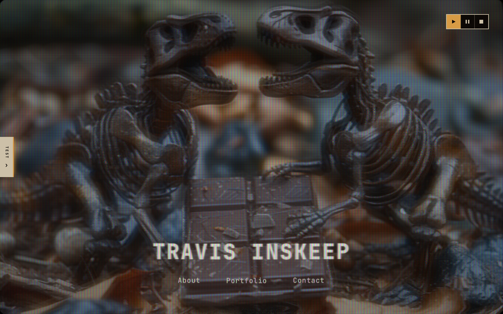 The portfolio homepage rendered by the WebGL tube: a photograph behind the title with the shadow mask's phosphor triads visible across it, scan lines, rounded aperture corners where the faceplate ends, halation spreading off the lettering, and the transport keys lit in the top corner.